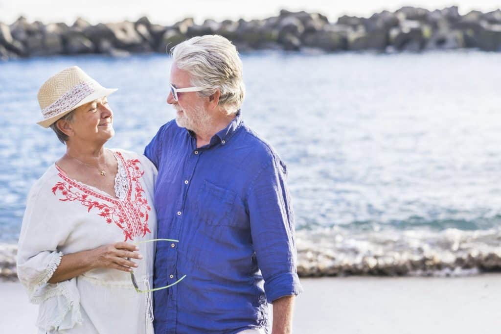 Retired happy couple at the sea during vacation - smiling people with ocean in background